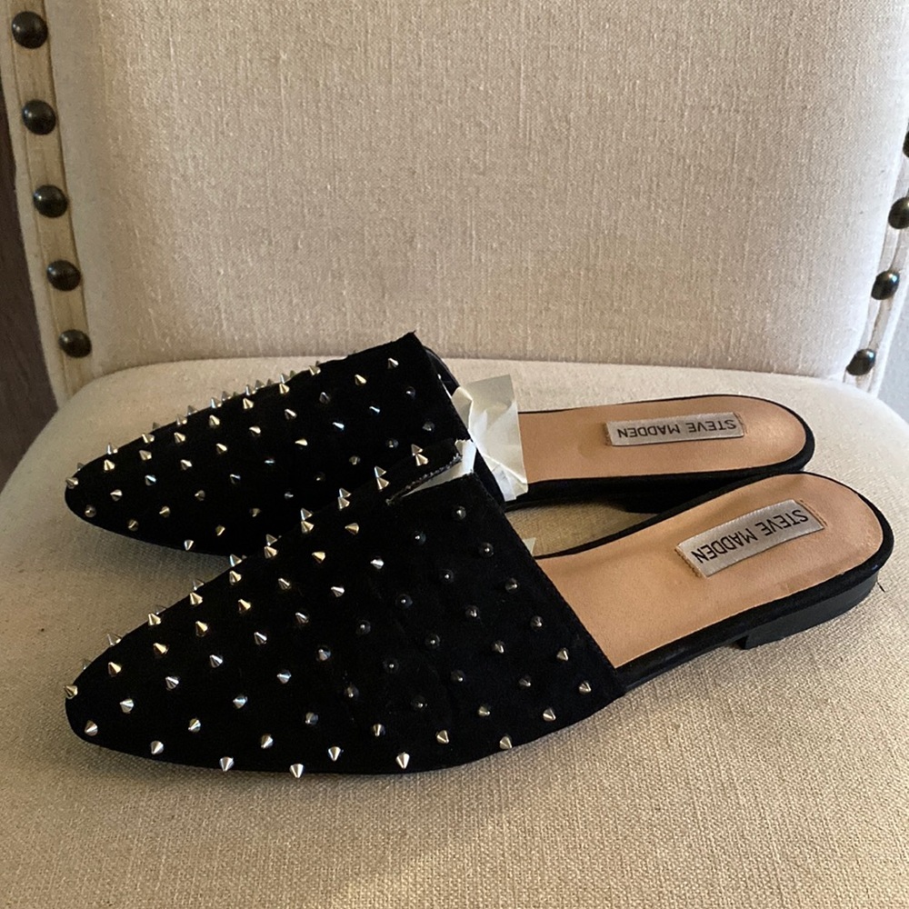 Steve Madden Ally Studded Punk Slides Mules Slip On Black Silver Size 10